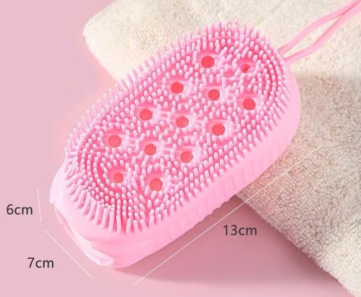 > Soft Dual‑Side Silicone Bath Scrubber, Wood Pulp Sponge Shower Brush, Gentle Exfoliating Body Washer for Sensitive Skin with Hanging Loop