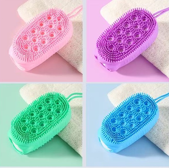 > Soft Dual‑Side Silicone Bath Scrubber, Wood Pulp Sponge Shower Brush, Gentle Exfoliating Body Washer for Sensitive Skin with Hanging Loop