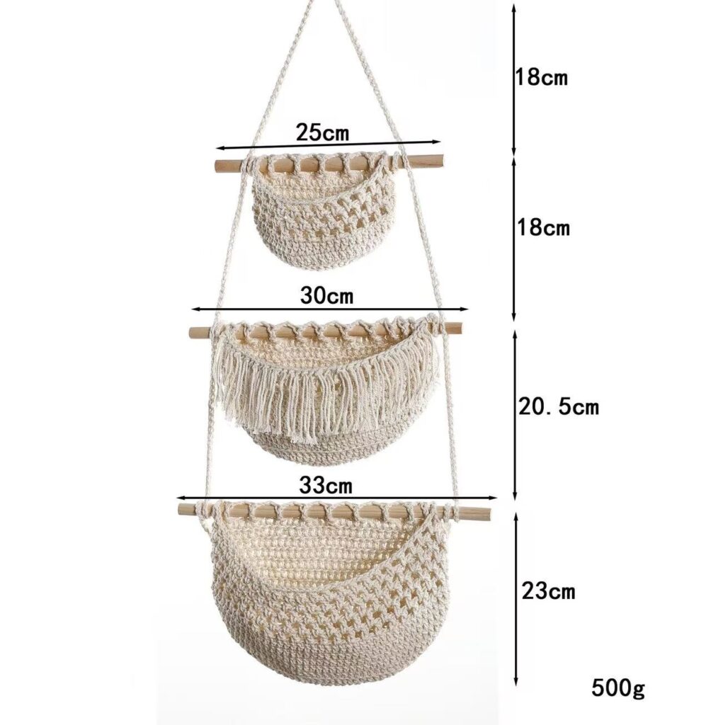 3‑Tier Macrame Hanging Fruit Basket, Detachable Nordic Woven Wall Hanging Produce Storage Net Bag for home
