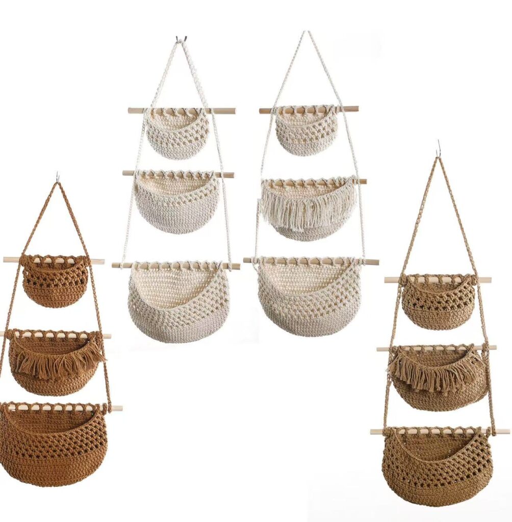 3‑Tier Macrame Hanging Fruit Basket, Detachable Nordic Woven Wall Hanging Produce Storage Net Bag for home