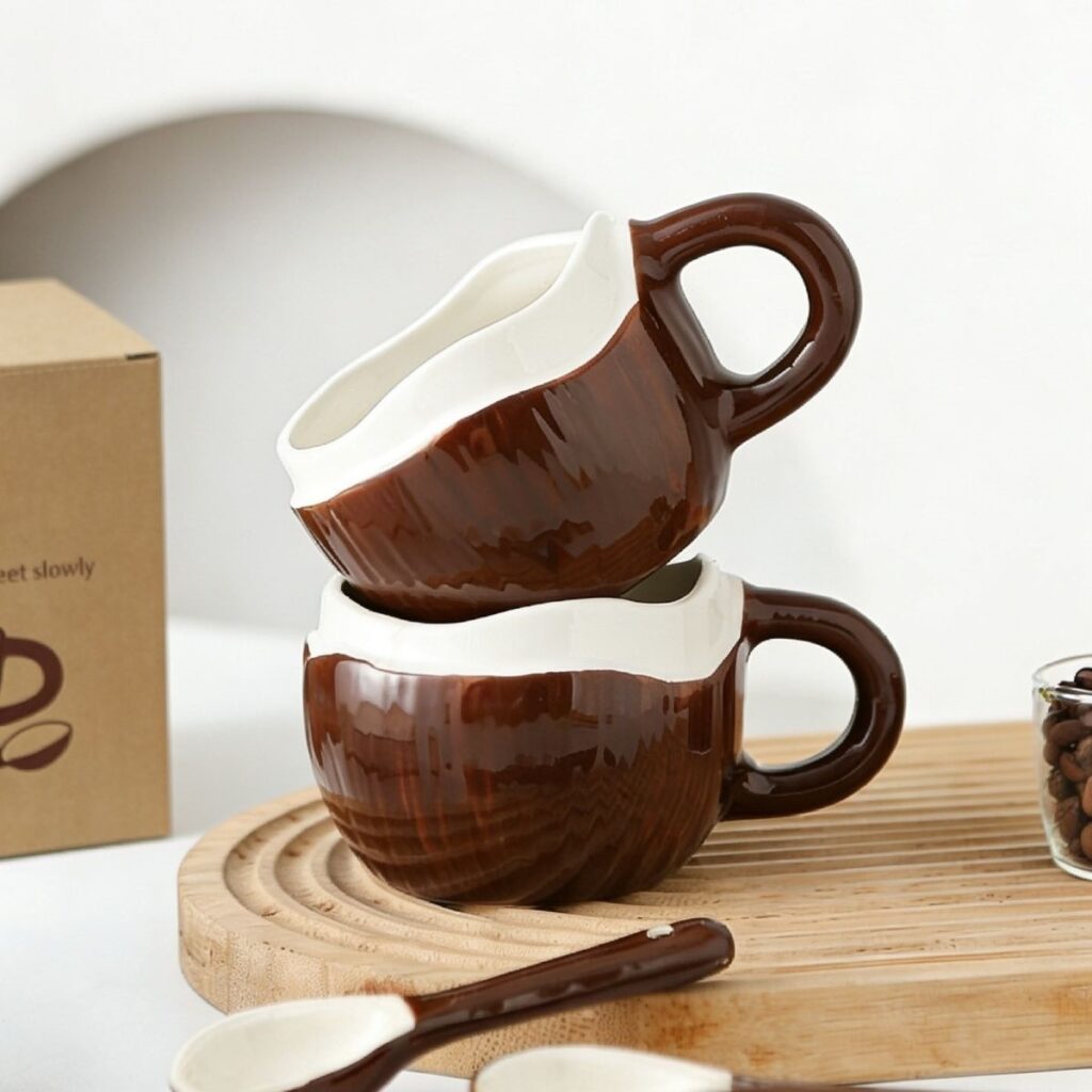 Coconut Shell Coffee Mug, Ceramic Cup with Handle and Spoon