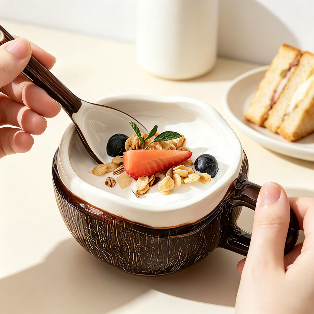 Coconut Shell Coffee Mug, Ceramic Cup with Handle and Spoon