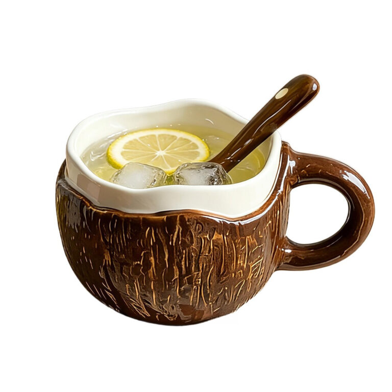 Coconut Shell Coffee Mug, Ceramic Cup with Handle and Spoon