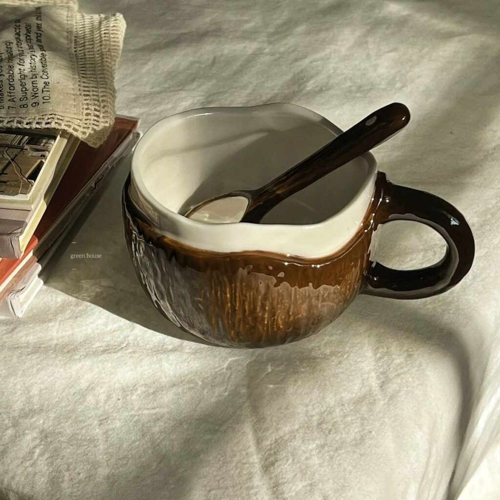 Coconut Shell Coffee Mug, Ceramic Cup with Handle and Spoon