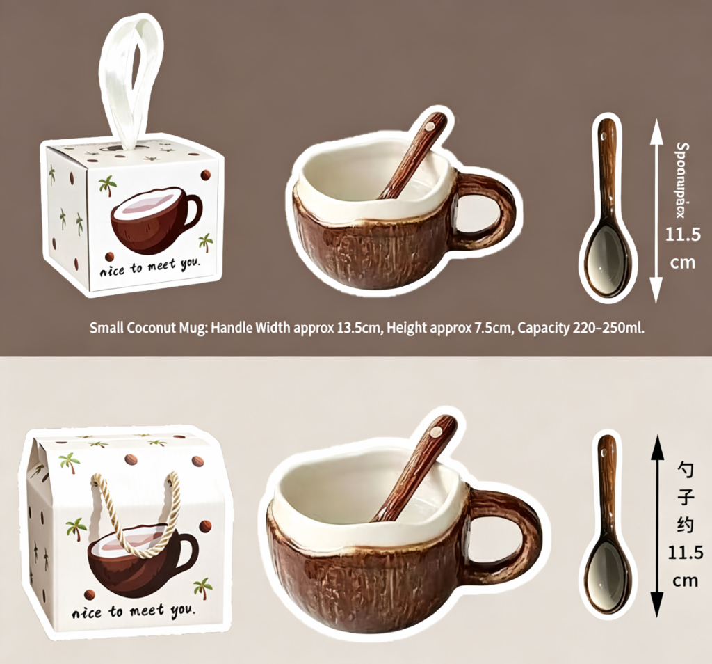 Coconut Shell Coffee Mug, Ceramic Cup with Handle and Spoon