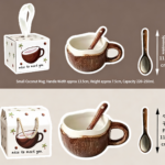 Coconut Shell Coffee Mug, Ceramic Cup with Handle and Spoon