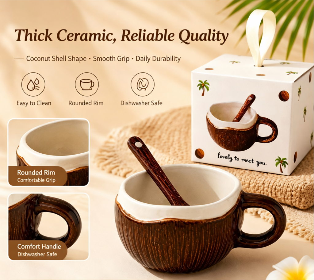 Coconut Shell Coffee Mug, Ceramic Cup with Handle and Spoon