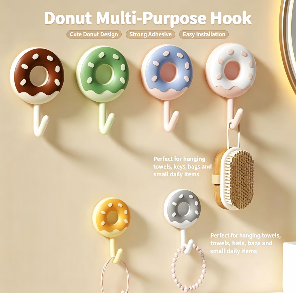 Donut Shaped Self‑Adhesive Wall Hooks, No Drill Cute Decorative Multi‑Purpose Hooks for Home Organizing