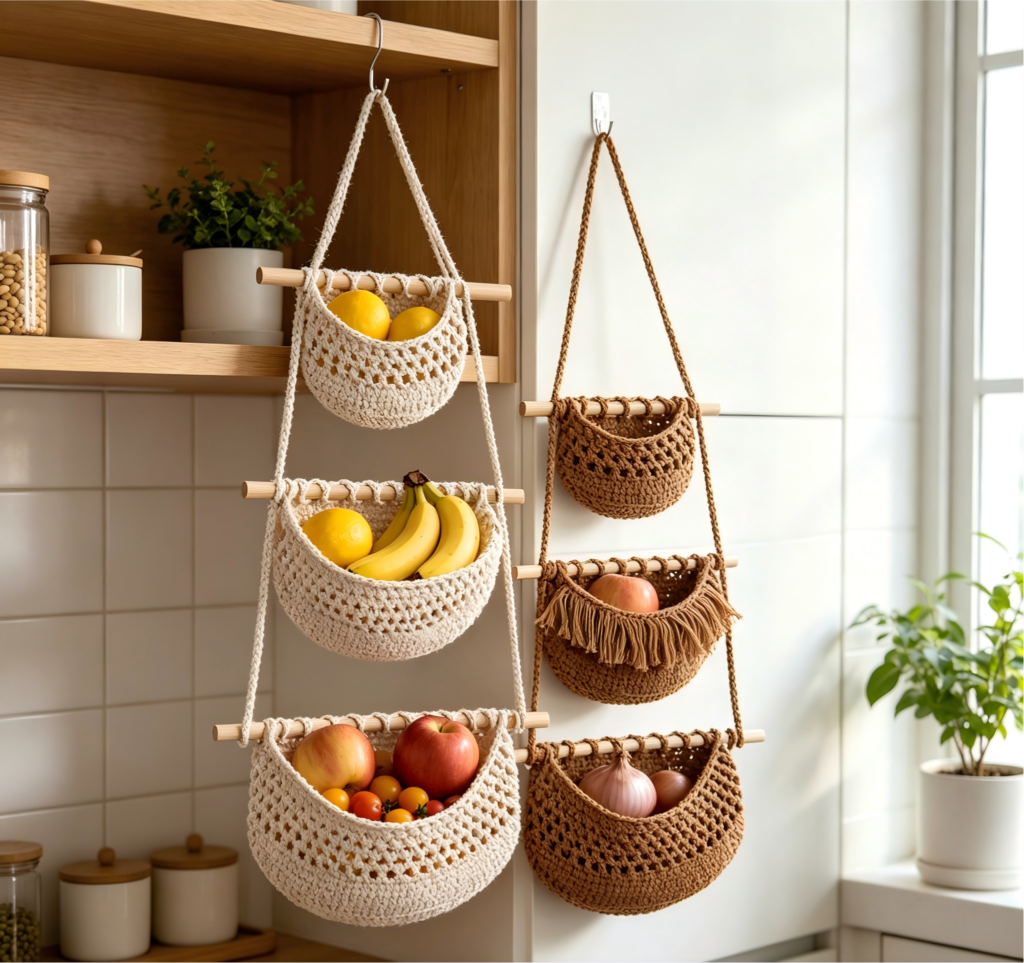 3‑Tier Macrame Hanging Fruit Basket, Detachable Nordic Woven Wall Hanging Produce Storage Net Bag for home