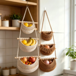 3‑Tier Macrame Hanging Fruit Basket, Detachable Nordic Woven Wall Hanging Produce Storage Net Bag for home