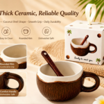 Coconut Shell Coffee Mug, Ceramic Cup with Handle and Spoon