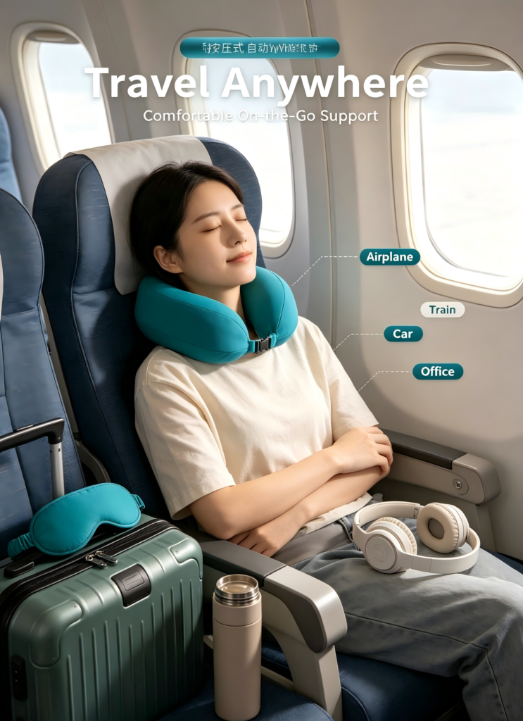 Folding Press‑Type Inflatable Travel Neck Pillow, Ergonomic U‑Shape Portable Cervical Pillow for Airplane Car Office Napping