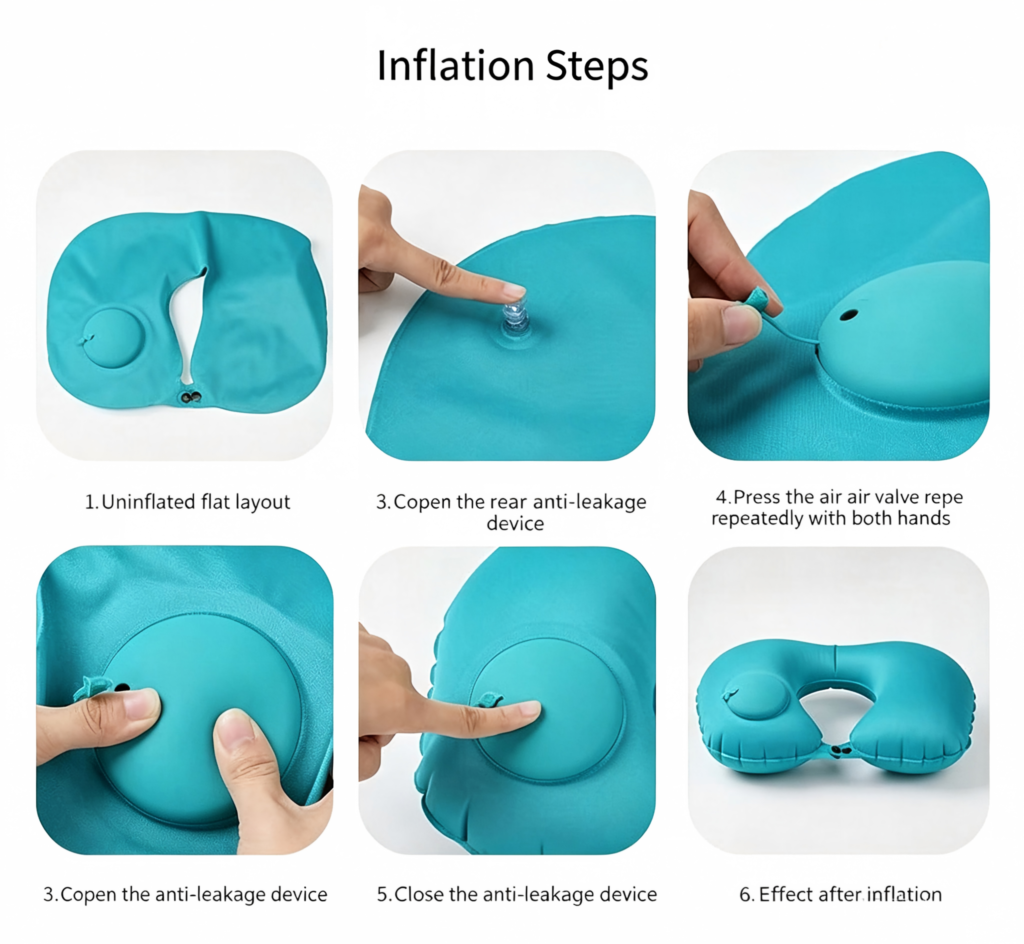 Folding Press‑Type Inflatable Travel Neck Pillow, Ergonomic U‑Shape Portable Cervical Pillow for Airplane Car Office Napping