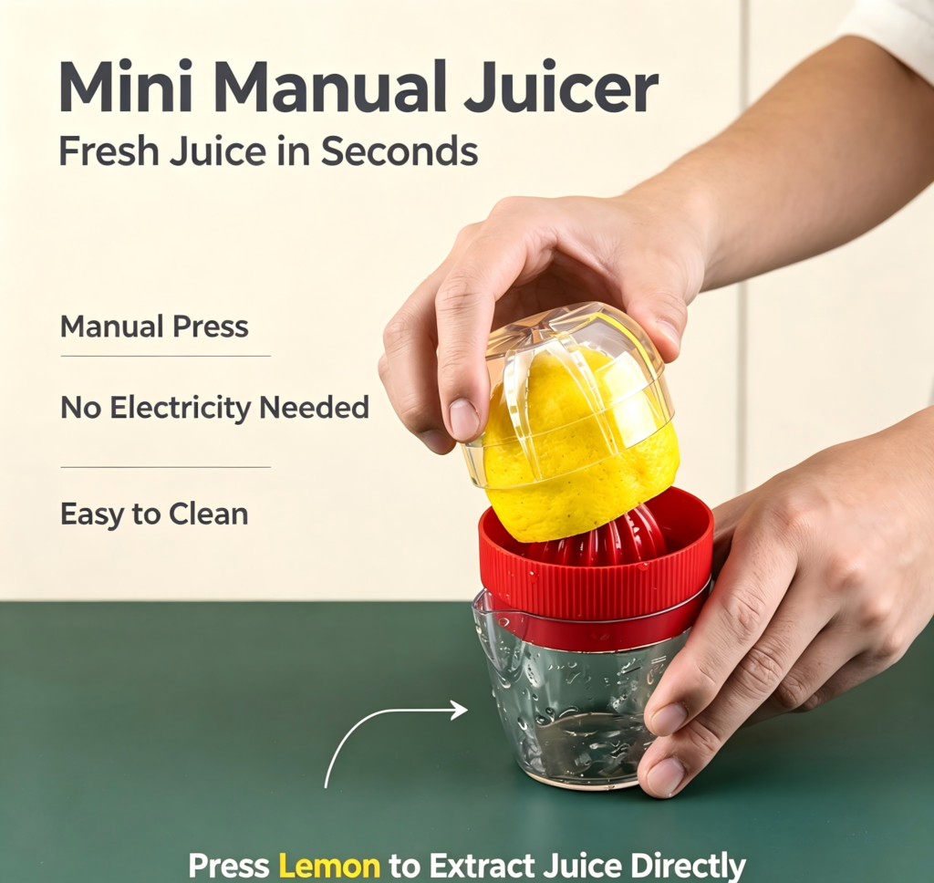 Mini Manual Lemon Orange Juicer, Hand‑Press Citrus Squeezer with Measuring Cup, Home Kitchen Fruit Juice Maker
