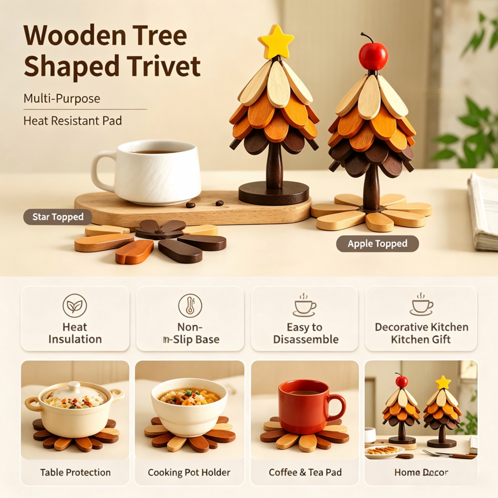 Wooden Tree‑Shaped Trivet, Detachable Multi‑Purpose Solid Wood Heat Resistant Pot Mat, Decorative Table Coaster for Hot Pots Bowls Plates Cups, Kitchen Tabletop Decoration Ornament