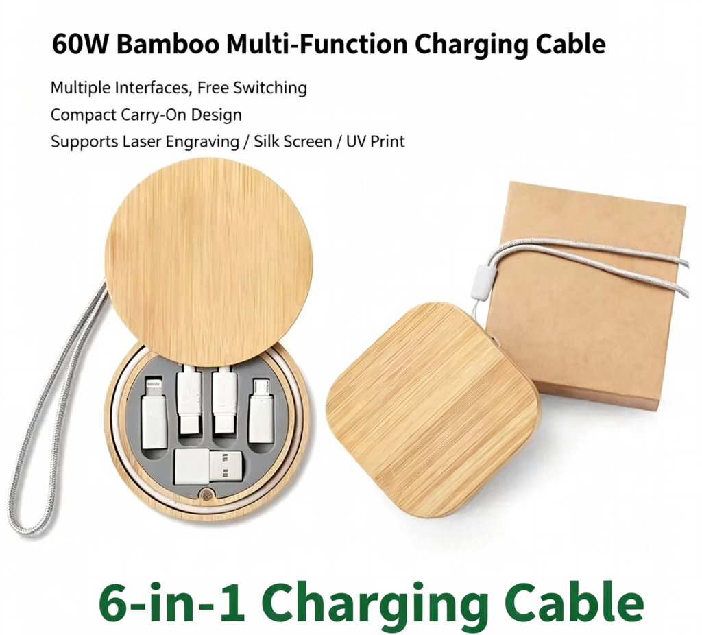 6-in-1 Bamboo 60W fast Charging Cord with Degradable Wheat Straw Case