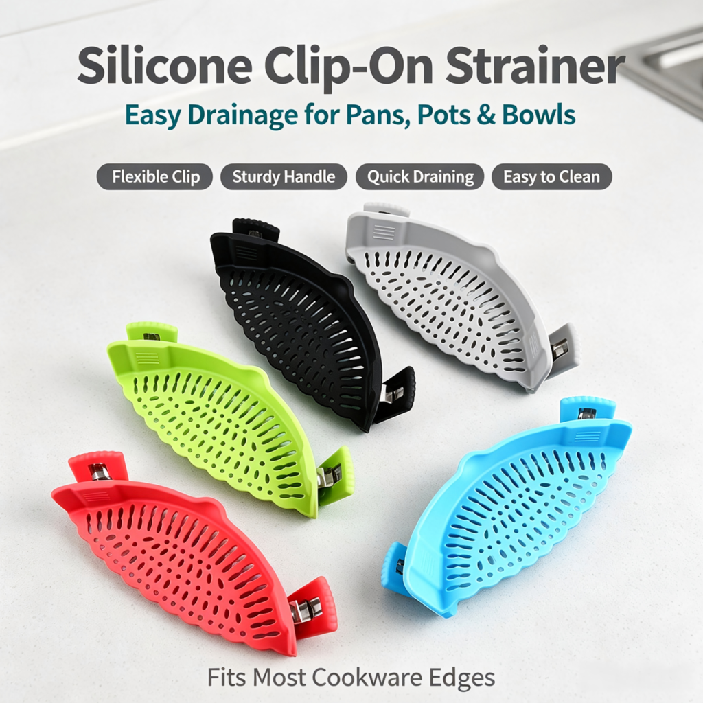 Clip‑on Silicone Pot Strainer, Snap‑on Food Drainer for Kitchen Cooking
