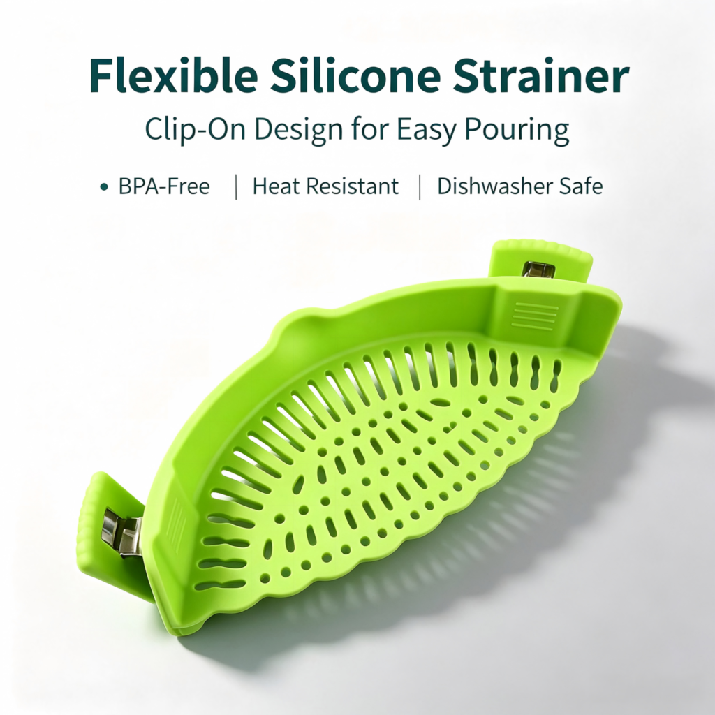 Clip‑on Silicone Pot Strainer, Snap‑on Food Drainer for Kitchen Cooking
