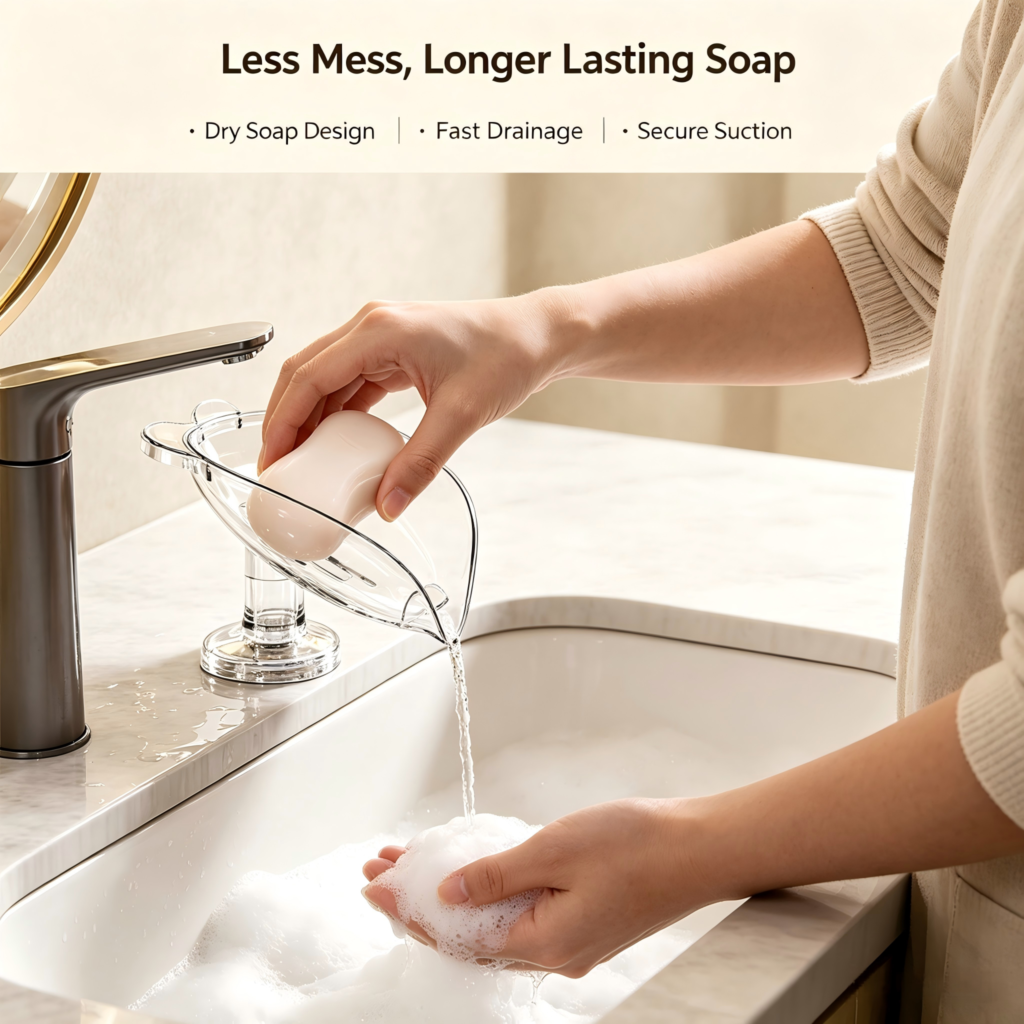 Leaf‑Shaped Suction Cup Soap Dish, 45° Tilt Drain Bar Soap Holder, Vacuum Suction Non‑Slip Soap Tray for Bathroom Sink Counter Top