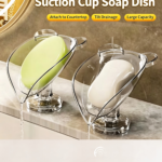 Leaf‑Shaped Suction Cup Soap Dish, 45° Tilt Drain Bar Soap Holder, Vacuum Suction Non‑Slip Soap Tray for Bathroom Sink Counter Top