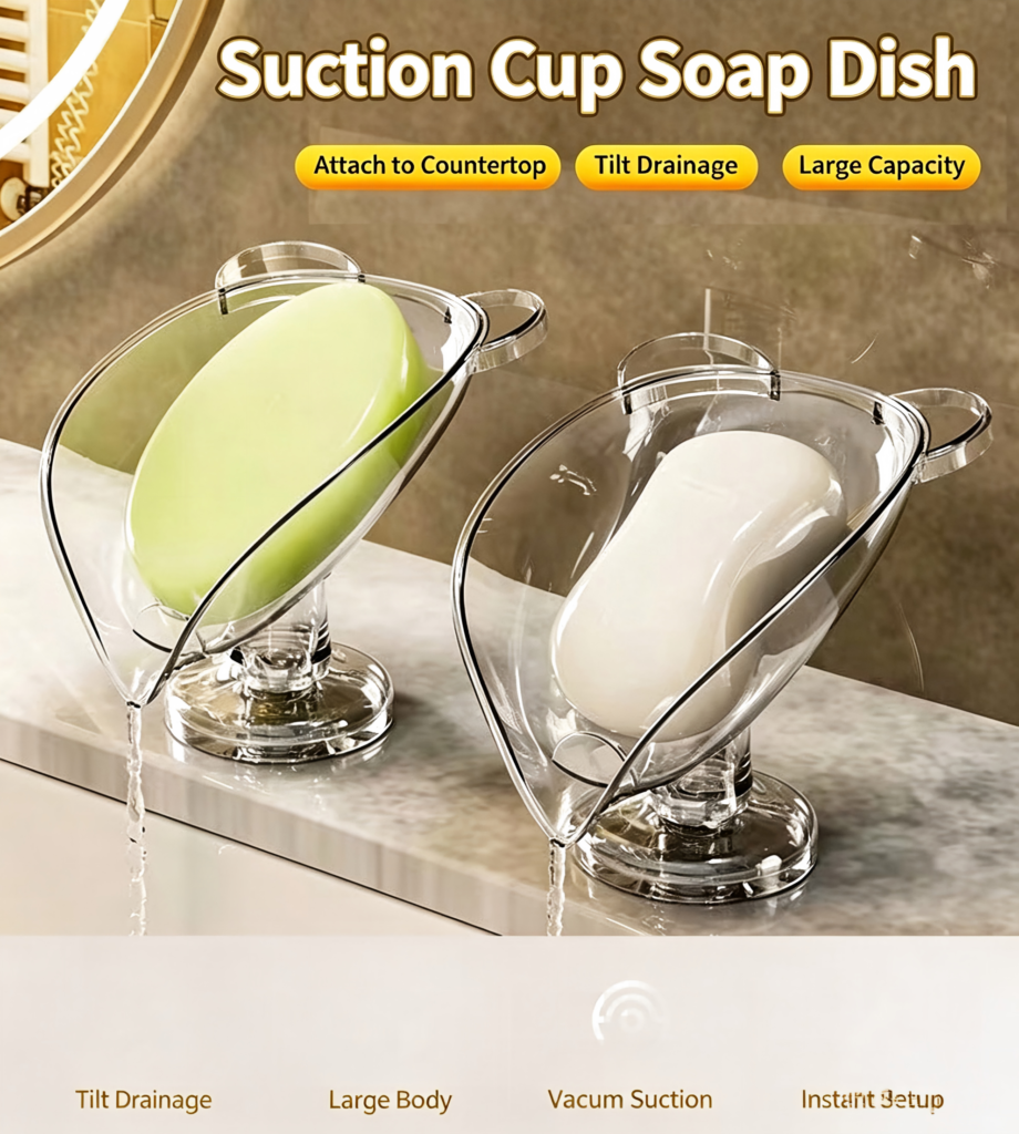 Leaf‑Shaped Suction Cup Soap Dish, 45° Tilt Drain Bar Soap Holder, Vacuum Suction Non‑Slip Soap Tray for Bathroom Sink Counter Top