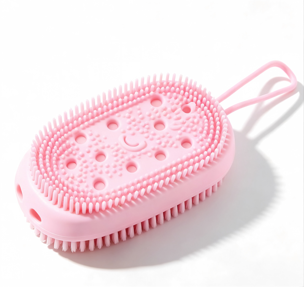 > Soft Dual‑Side Silicone Bath Scrubber, Wood Pulp Sponge Shower Brush, Gentle Exfoliating Body Washer for Sensitive Skin with Hanging Loop