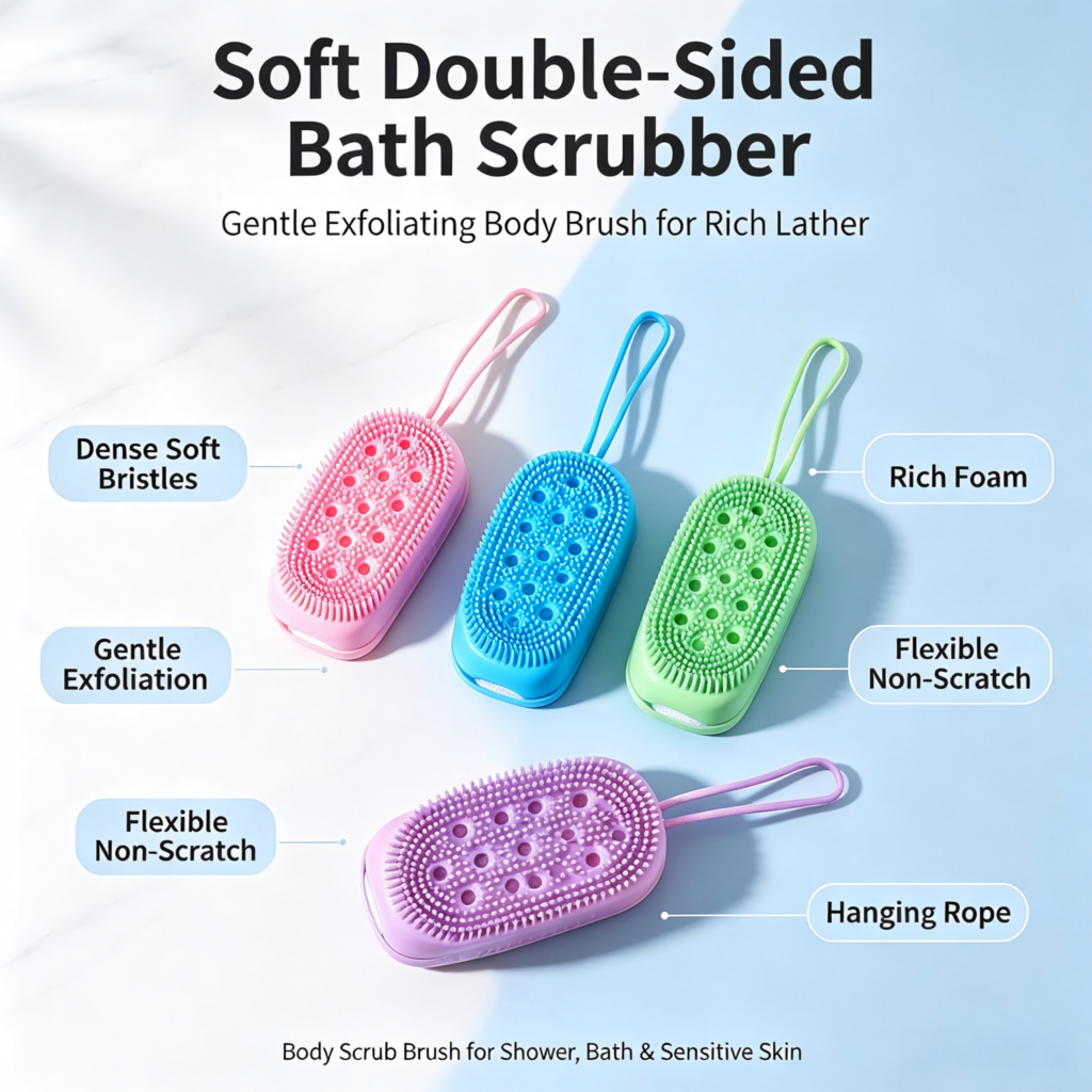 > Soft Dual‑Side Silicone Bath Scrubber, Wood Pulp Sponge Shower Brush, Gentle Exfoliating Body Washer for Sensitive Skin with Hanging Loop
