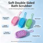 > Soft Dual‑Side Silicone Bath Scrubber, Wood Pulp Sponge Shower Brush, Gentle Exfoliating Body Washer for Sensitive Skin with Hanging Loop