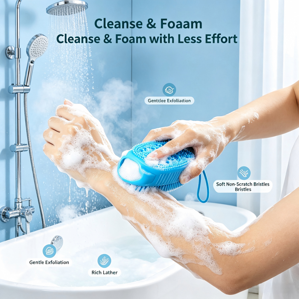 > Soft Dual‑Side Silicone Bath Scrubber, Wood Pulp Sponge Shower Brush, Gentle Exfoliating Body Washer for Sensitive Skin with Hanging Loop