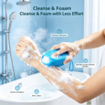 > Soft Dual‑Side Silicone Bath Scrubber, Wood Pulp Sponge Shower Brush, Gentle Exfoliating Body Washer for Sensitive Skin with Hanging Loop