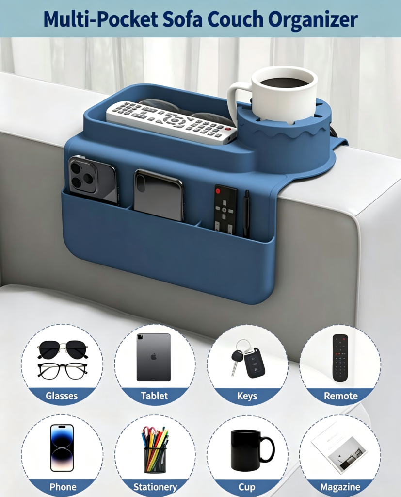 Sofa Cup Holder Tray, Large Capacity Armrest Organizer with Remote, Phone and Storage Pockets