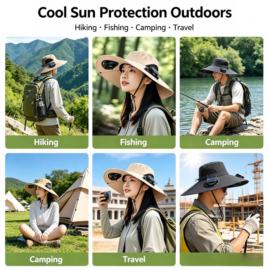Solar Powered Cooling Fan Sun Hat, UPF 50+ UV Protection Wide Brim Boonie Hat with Dual Fans