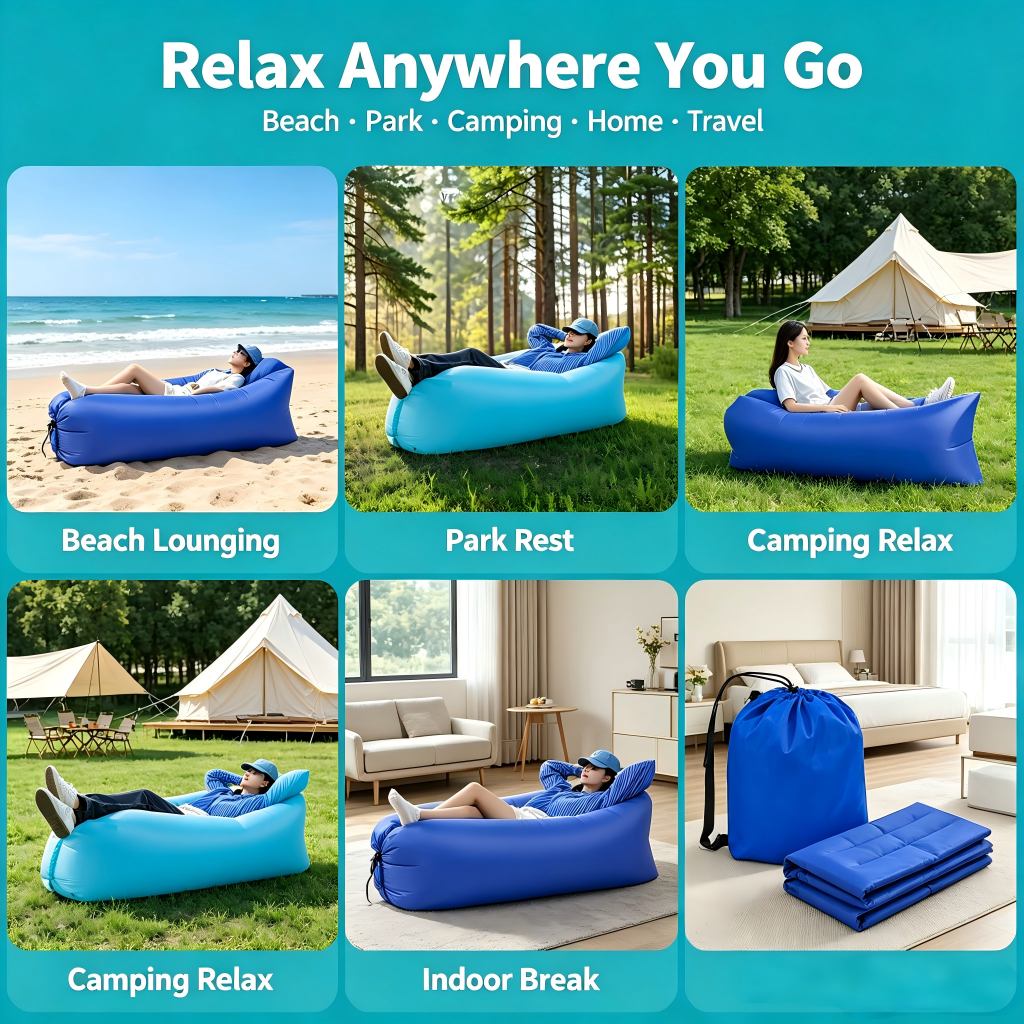 Portable Inflatable Air Sofa, Waterproof Blow‑Up Lounge Chair with Storage Bag for Beach Camping Outdoor