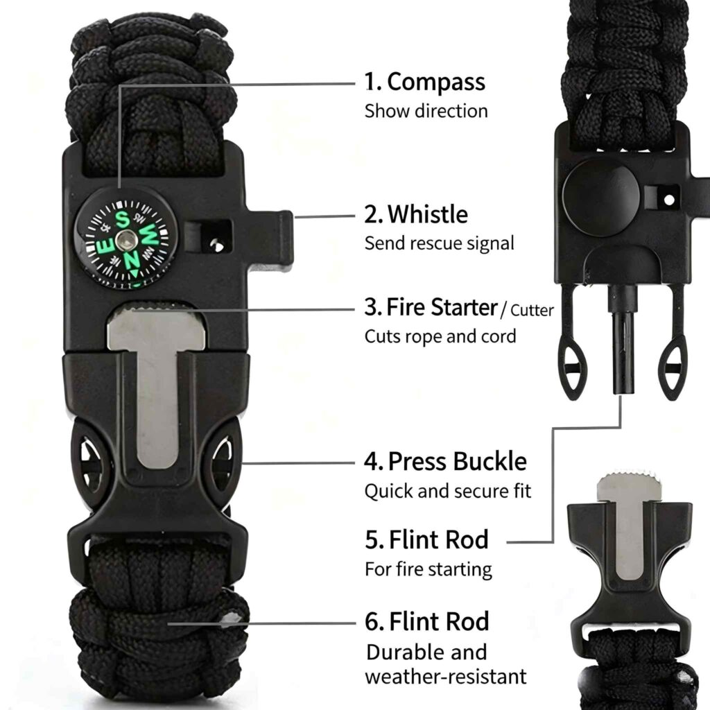 5‑in‑1 Survival Paracord Bracelet, Tactical Emergency Wristband with Compass Whistle Fire Starter for Outdoor Camping Hiking