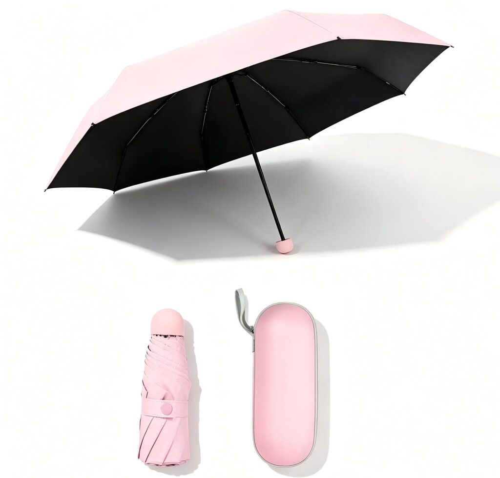 Mini Capsule Compact Umbrella UPF50+, Portable Sun & Rain Travel Pocket Umbrella with Storage Case