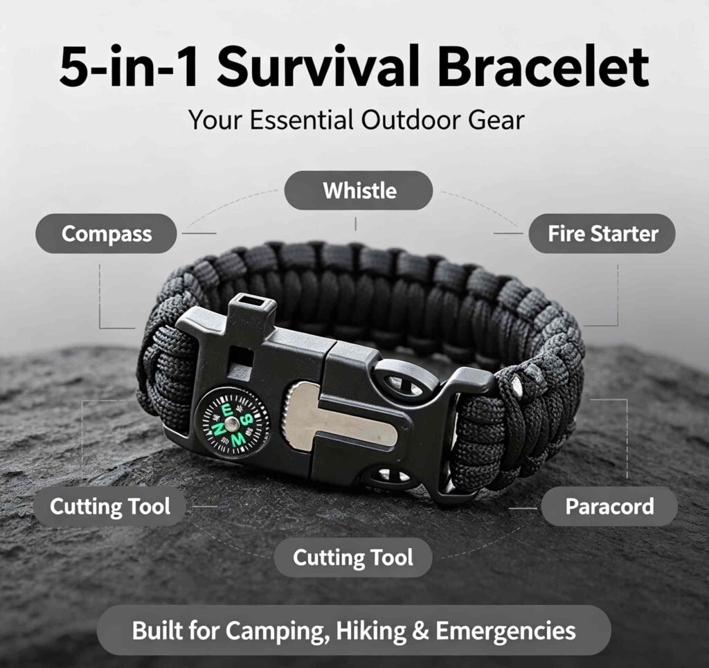 5‑in‑1 Survival Paracord Bracelet, Tactical Emergency Wristband with Compass Whistle Fire Starter for Outdoor Camping Hiking