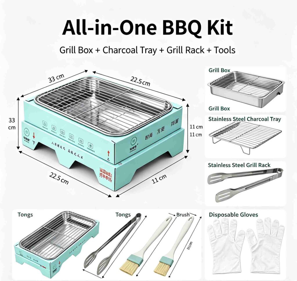 Portable Disposable BBQ Grill, Instant Charcoal Barbecue Grill for Camping Picnic Beach Outdoor Party