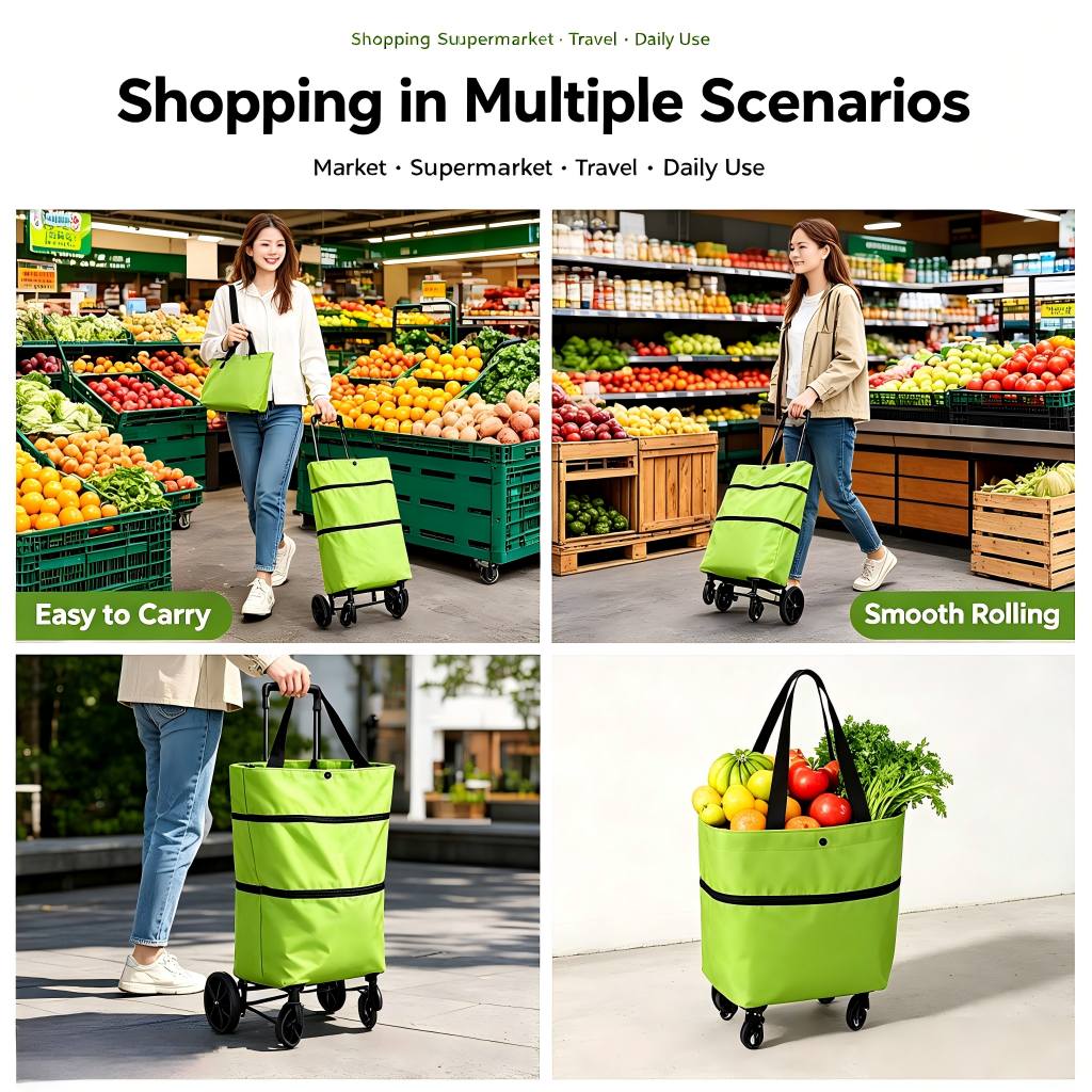 2‑in‑1 Foldable Rolling Shopping Bag with Wheels, Reusable Grocery Tote Trolley