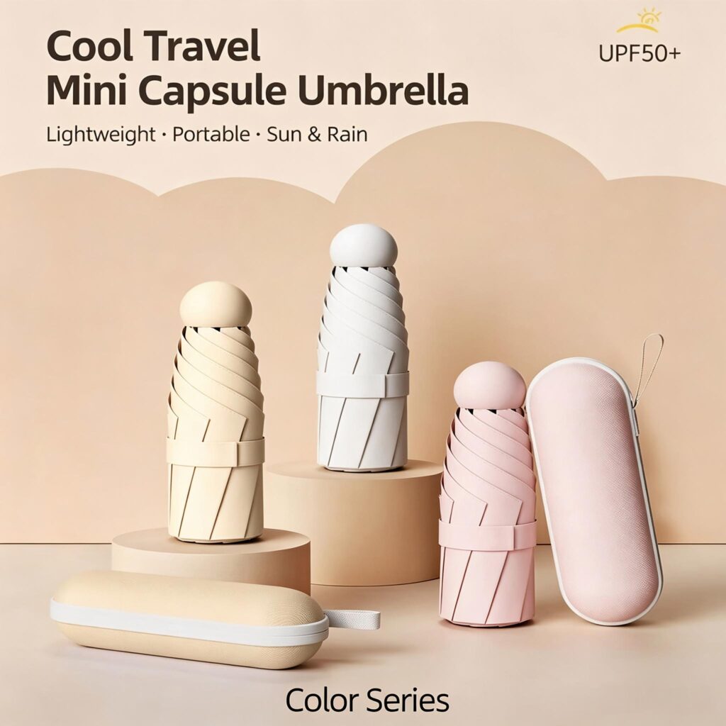 Mini Capsule Compact Umbrella UPF50+, Portable Sun & Rain Travel Pocket Umbrella with Storage Case