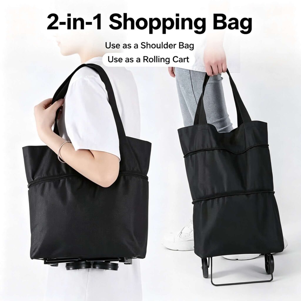 2‑in‑1 Foldable Rolling Shopping Bag with Wheels, Reusable Grocery Tote Trolley