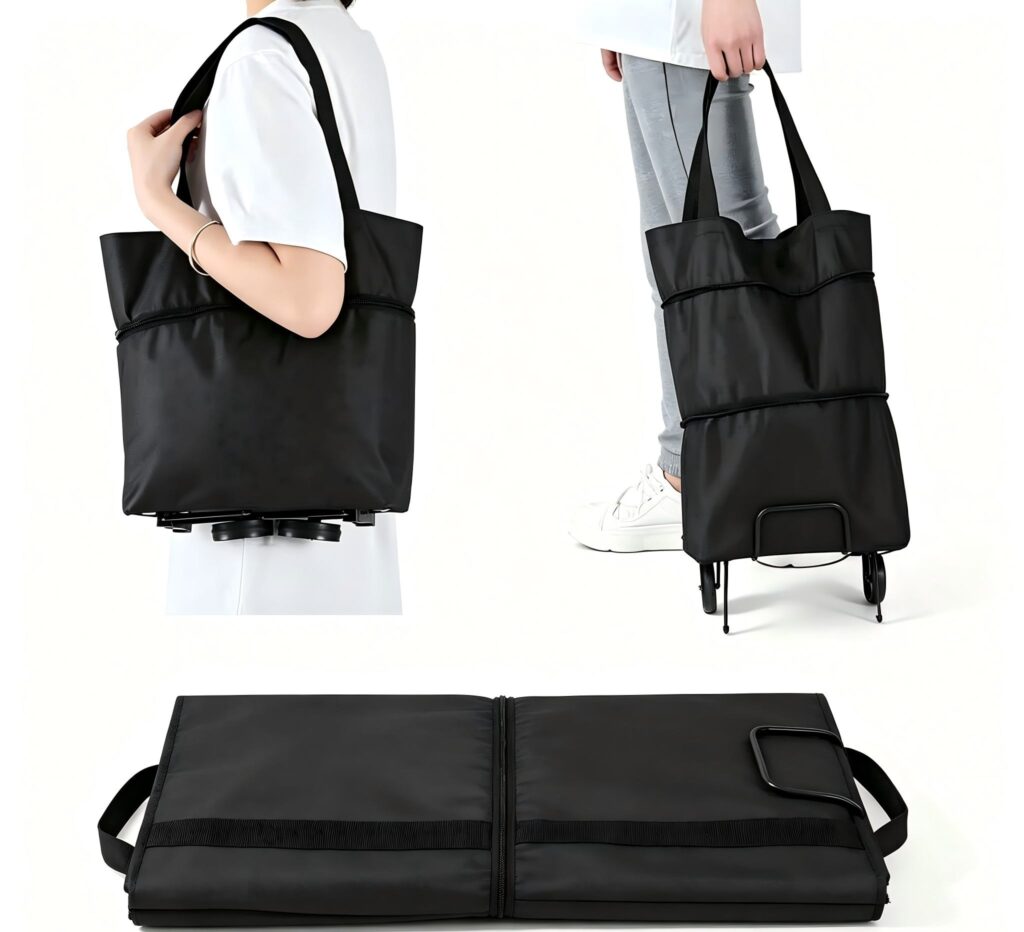 2‑in‑1 Foldable Rolling Shopping Bag with Wheels, Reusable Grocery Tote Trolley