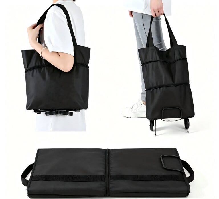 2‑in‑1 Foldable Rolling Shopping Bag with Wheels, Reusable Grocery Tote Trolley