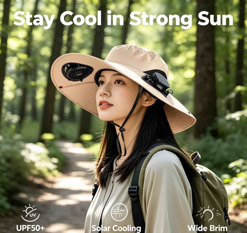Solar Powered Cooling Fan Sun Hat, UPF 50+ UV Protection Wide Brim Boonie Hat with Dual Fans