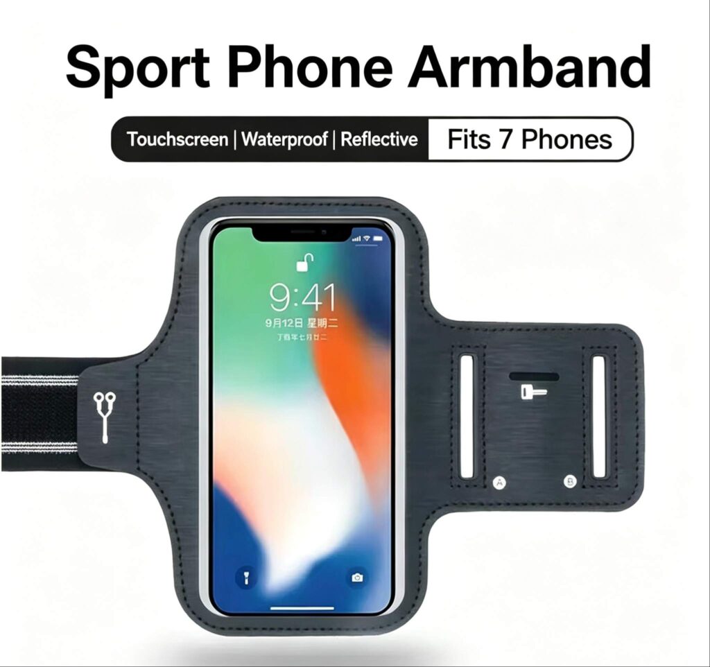 Running Phone Armband, Adjustable Sports Arm Band with Card Pocket, IPX‑Water‑Resistant Touch‑Screen Workout Armband Phone Holder with Reflective Strip