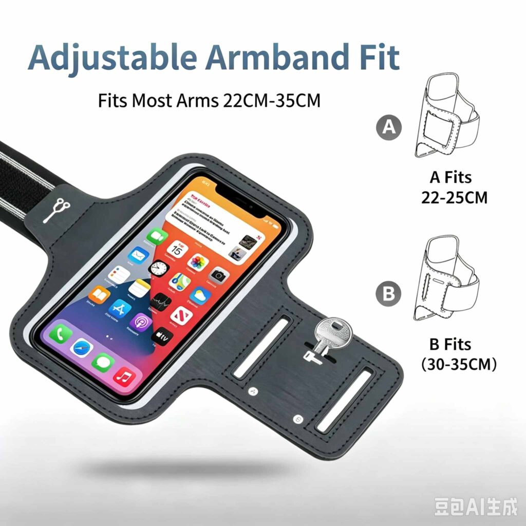 Running Phone Armband, Adjustable Sports Arm Band with Card Pocket, IPX‑Water‑Resistant Touch‑Screen Workout Armband Phone Holder with Reflective Strip
