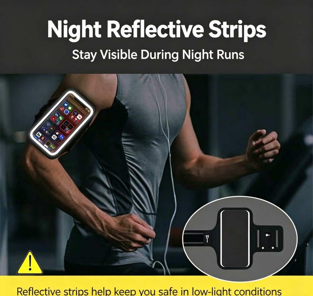 Running Phone Armband, Adjustable Sports Arm Band with Card Pocket, IPX‑Water‑Resistant Touch‑Screen Workout Armband Phone Holder with Reflective Strip